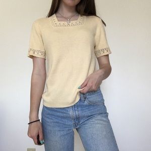 Vintage Pastel Knit Top with Crocheted Trim